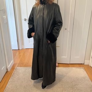 Leather coat with fur trim